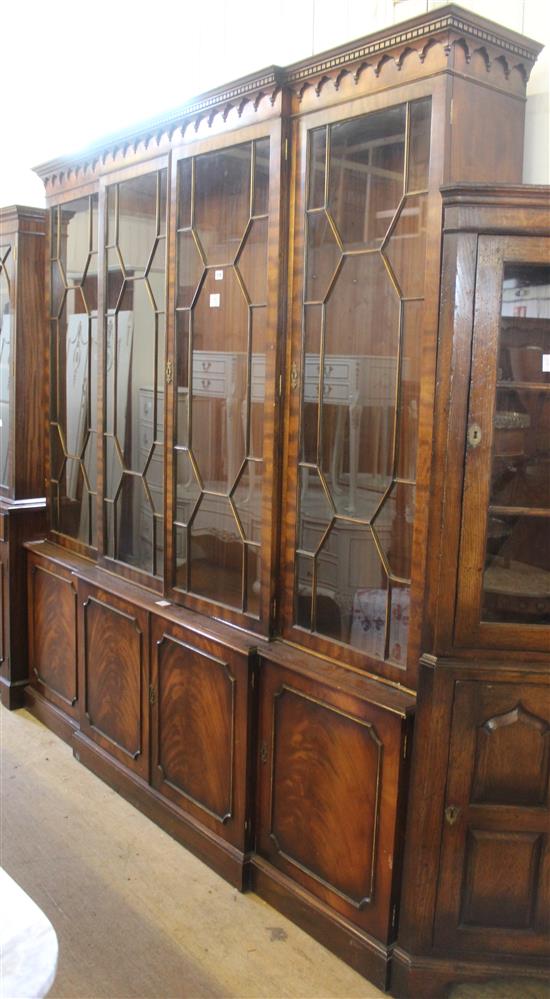 Repro glazed mahogany library breakfront bookcase(-)